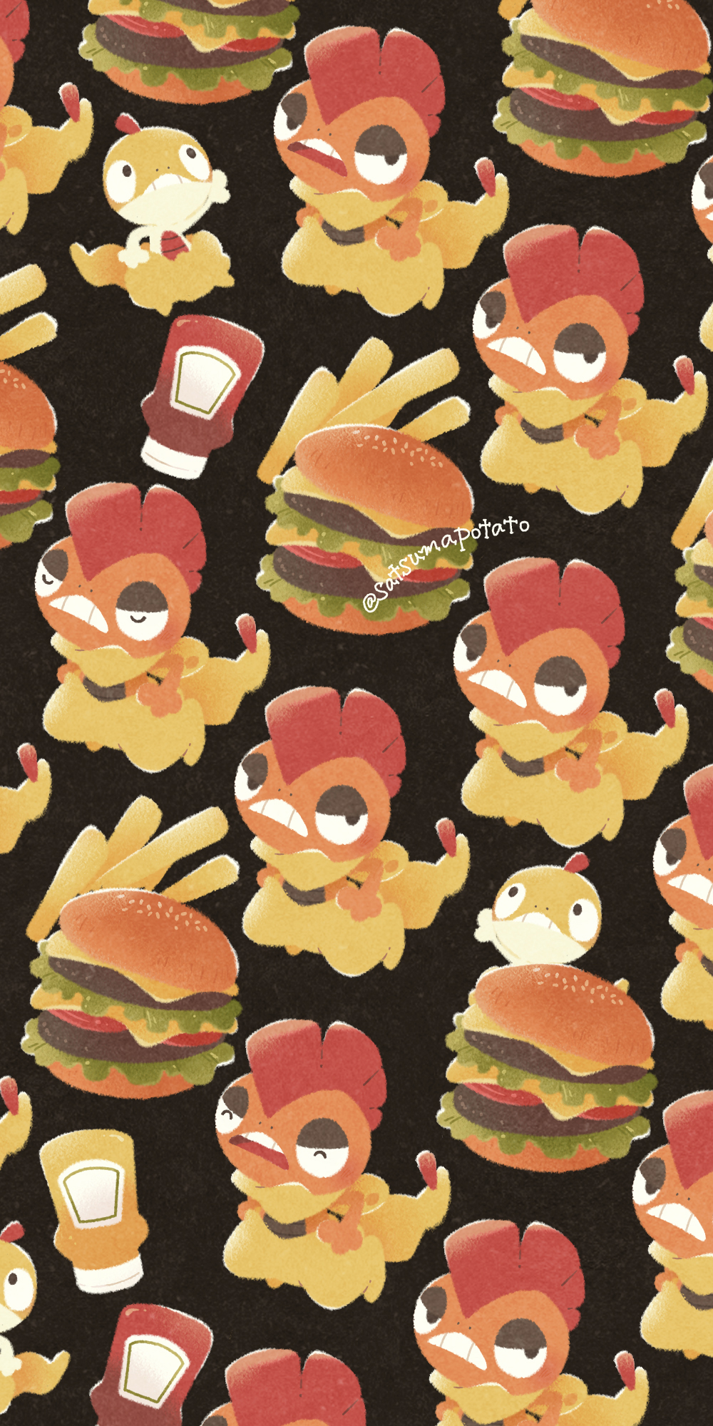 arm_up black_background burger cheese creatures_(company) evolutionary_line food french_fries game_freak gen_5_pokemon grimace highres ketchup_bottle lettuce mustard_bottle nintendo nostrils open_mouth pokemon pokemon_(creature) satsumapotato scrafty scraggy sesame_seeds teeth tomato tomato_slice