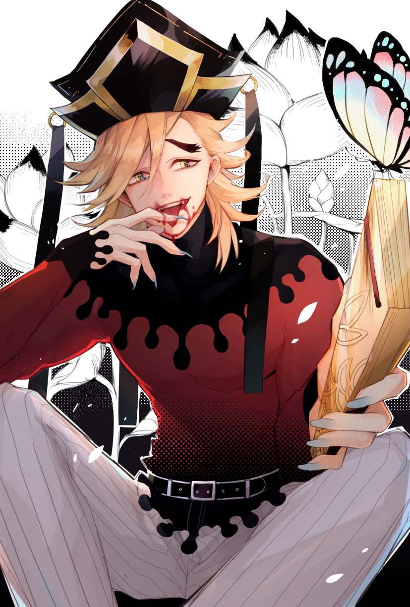 1boy belt blonde_hair blood blood_from_mouth blood_on_face blood_on_hands blood_on_teeth douma_(kimetsu_no_yaiba) elims fingernails floral_background flower green_eyes hand_fan hat highres kimetsu_no_yaiba licking_blood long_fingernails looking_at_viewer male_focus medium_hair nail_polish open_mouth sharp_fingernails sitting solo teeth