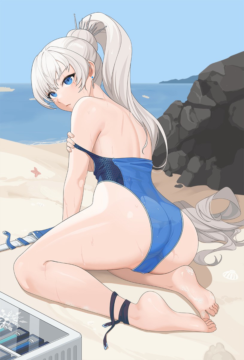 1girl ass barefoot beach blue_eyes blue_one-piece_swimsuit blue_sky breasts clear_sky closed_mouth clothes_pull commentary competition_swimsuit day earrings english_commentary expressionless feet grey_hair hair_between_eyes high_ponytail highleg highleg_one-piece_swimsuit highres jewelry long_hair looking_at_viewer medium_breasts ocean one-piece_swimsuit one-piece_swimsuit_pull outdoors paid_reward_available rock rwby scar scar_across_eye seashell shell shore sky soles solo starfish swimsuit toes very_long_hair wangxiii water weiss_schnee wet