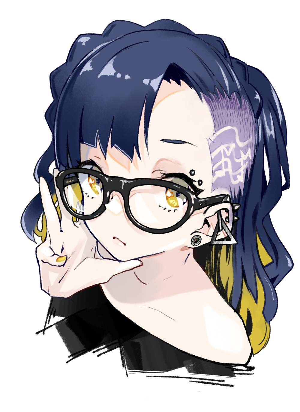 1girl adjusting_eyewear asymmetrical_bangs black-framed_eyewear black_shirt blonde_hair blue_hair closed_mouth colored_inner_hair ear_piercing eyelashes glasses hand_on_eyewear highres idolmaster idolmaster_million_live! long_hair multicolored_hair nail_polish nanao_yuriko piercing redrawn shirt simple_background solo toro3 two-tone_hair undercut white_background yellow_eyes yellow_nails