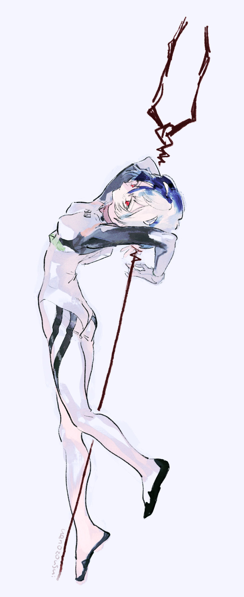 1girl artist_name ayanami_rei bident blue_hair bodysuit full_body highres lance_of_longinus_(evangelion) looking_at_viewer neon_genesis_evangelion plugsuit polearm red_eyes short_hair simple_background solo ueno_zousui white_background white_bodysuit