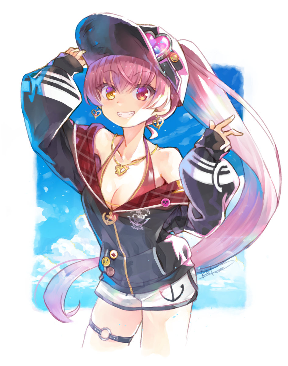 1girl badge baseball_cap black_hat black_jacket blue_sky breasts button_badge cleavage cloud collarbone commentary_request dolphin_shorts earrings emoji eyewear_on_headwear grin hair_between_eyes hat heart heart-shaped_eyewear heart_earrings heart_necklace heterochromia highres hololive houshou_marine houshou_marine_(summer) jacket jewelry kei_(keigarou) long_hair long_sleeves looking_at_viewer medium_breasts necklace o-ring o-ring_thigh_strap pink-tinted_eyewear pink_hair pleading_face_emoji ponytail red_eyes shorts sky smile solo teeth thigh_strap tinted_eyewear virtual_youtuber white_shorts yellow_eyes