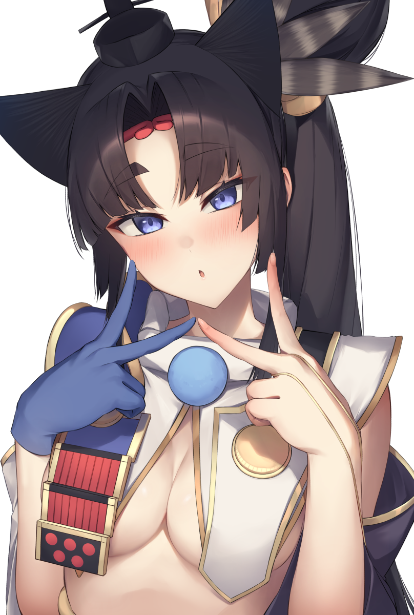 1girl animal_ears armor black_hair blue_eyes breast_curtains breasts detached_sleeves fate/grand_order fate_(series) feather_hair_ornament feathers hair_bun hair_ornament hat highres japanese_armor long_hair looking_at_viewer medium_breasts open_mouth parted_bangs pinta_(ayashii_bochi) side_ponytail sidelocks single_side_bun solo ushiwakamaru_(fate) very_long_hair wide_sleeves