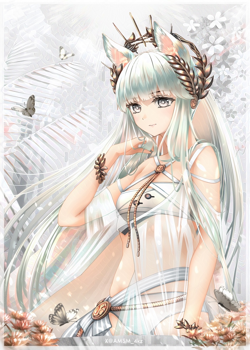 1girl arknights bikini bug butterfly closed_mouth commentary cowboy_shot downscaled grey_eyes grey_hair hand_up head_wreath highres insect long_hair looking_at_viewer official_alternate_costume paid_reward_available platinum_(arknights) platinum_(shimmering_dew)_(arknights) resized see-through solo standing swimsuit twitter_username very_long_hair white_bikini yokaze_(yokajie)