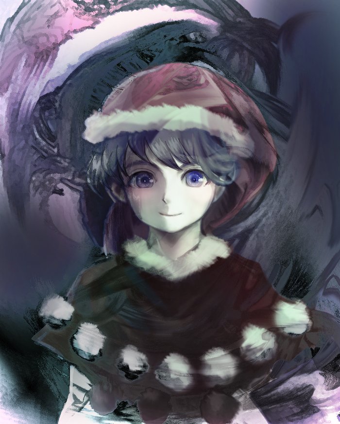 1girl blue_eyes blue_hair doremy_sweet dress eyebrows_hidden_by_hair female_focus hat katari matching_hair/eyes nightcap pom_pom_(clothes) shirt short_hair skirt smile solo swept_bangs touhou