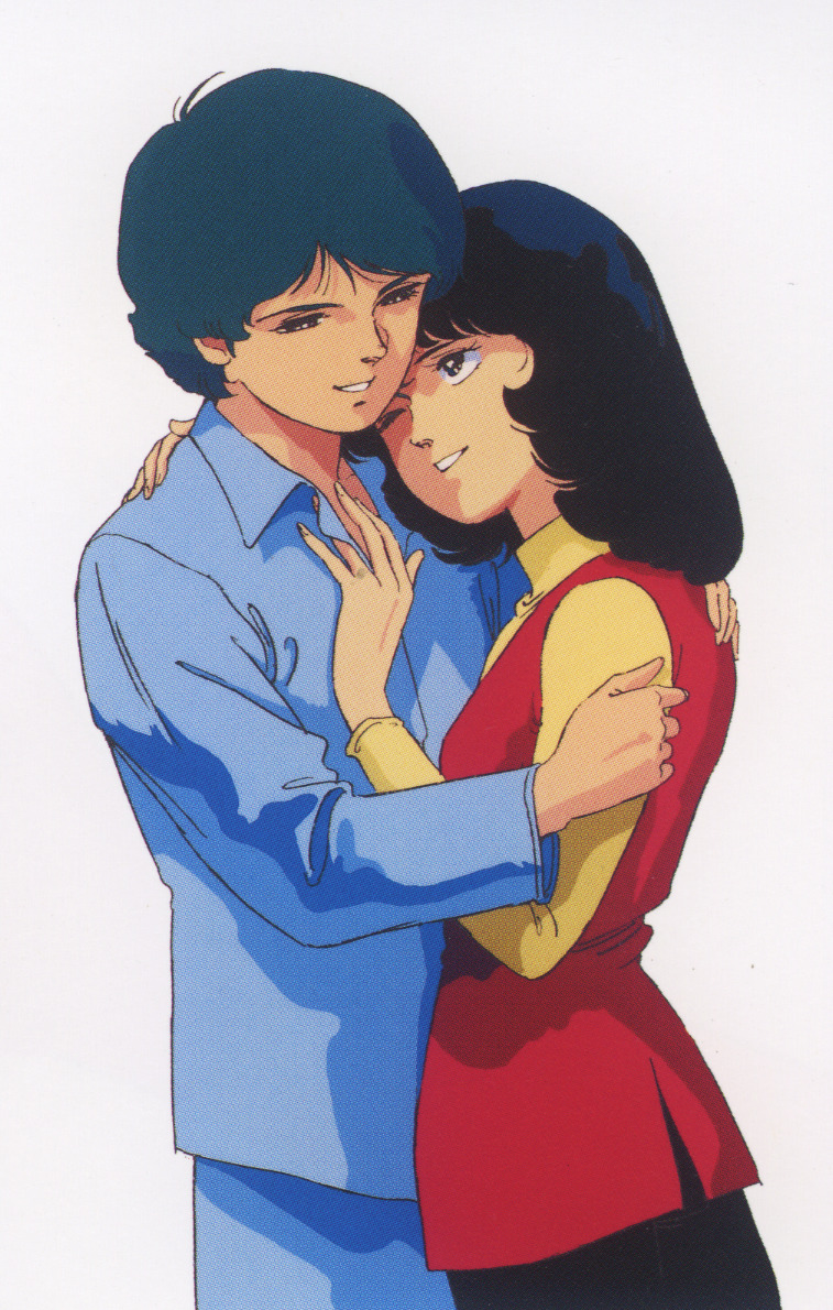 1980s_(style) black_hair blue_hair couple fa_yuiry good_end grin gundam gundam_zz hospital_gown hug kamille_bidan key_visual kitazume_hiroyuki magazine_scan official_art oldschool production_art promotional_art retro_artstyle scan smile spoilers traditional_media vest zeta_gundam