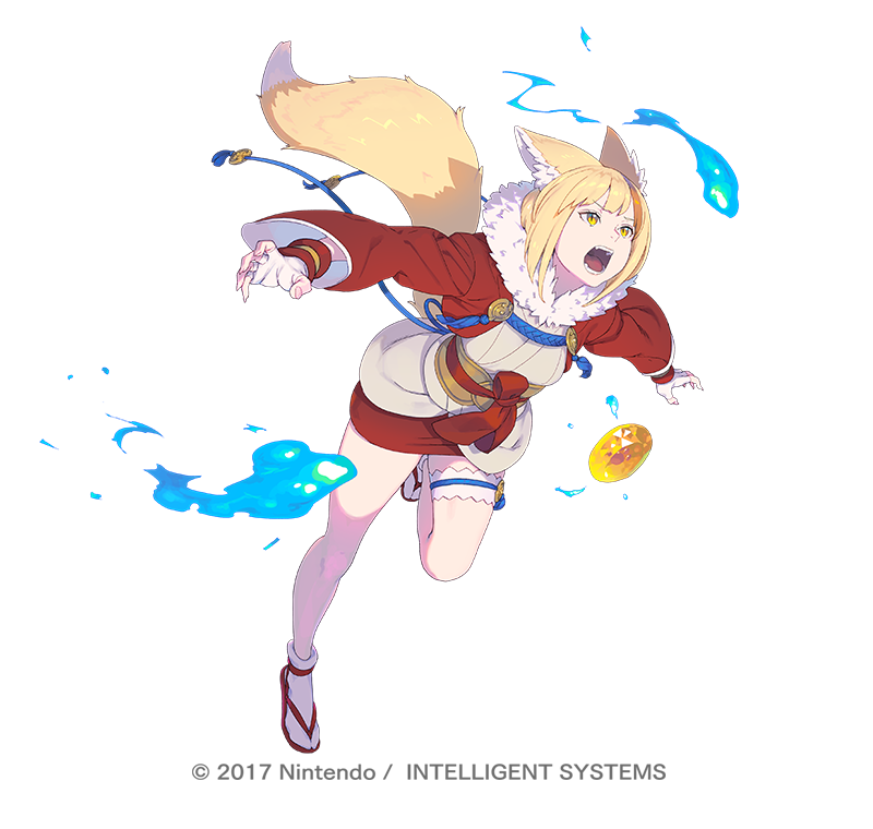 1girl animal_ears blonde_hair brown_hair copyright_notice enkyo_yuuichirou fire_emblem fire_emblem_fates fire_emblem_heroes fox_ears fox_tail full_body fur-trimmed_jacket fur_trim jacket japanese_clothes leg_up long_sleeves multicolored_hair nintendo official_art open_mouth sandals selkie_(fire_emblem) short_hair socks solo tabi tail thigh_strap white_background white_socks wide_sleeves yellow_eyes