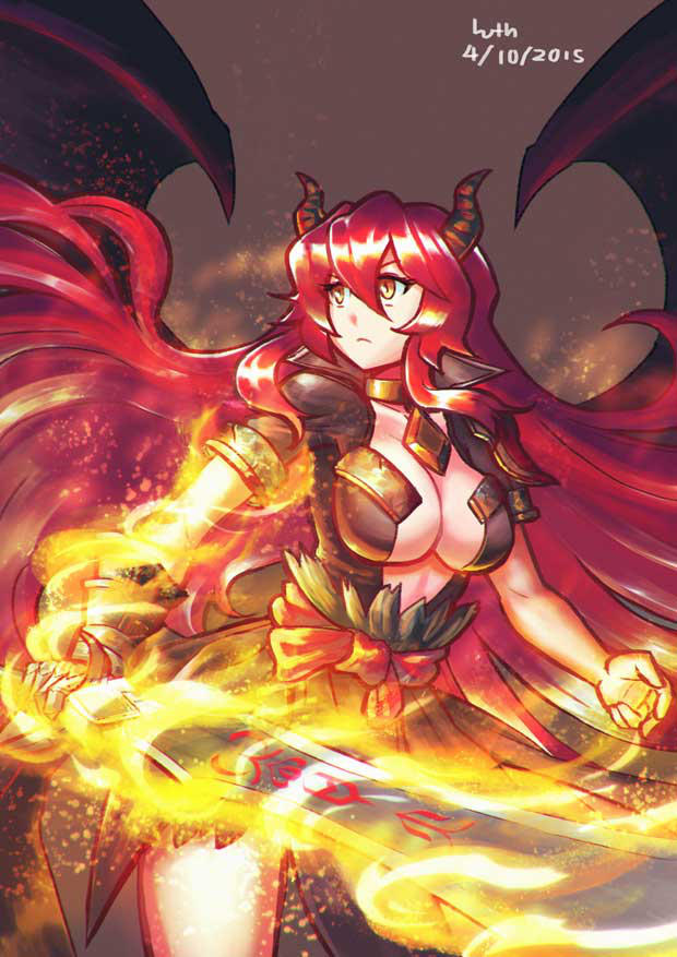 1girl artist_name breasts cleavage commission dated demon_horns demon_wings flaming_sword flaming_weapon horns large_breasts long_hair lutherniel monster_girl orange_eyes original red_hair runes solo sword weapon wings