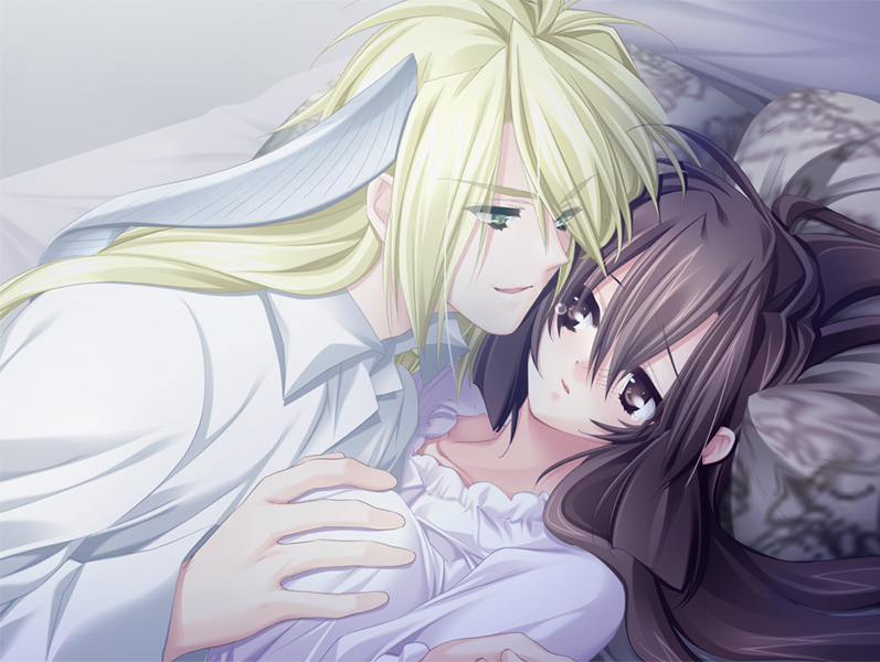 1boy 1girl bed bed_sheet bishounen blonde_hair breasts brown_hair eins game_cg grabbing_another&#039;s_breast groping hetero horns ijiwaru_my_master indoors long_hair lying pillow tears toujou_sakana