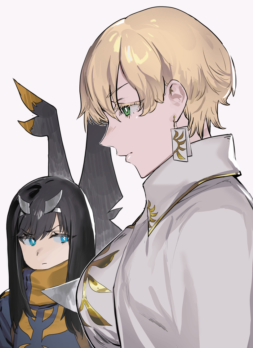 2girls black_hair blonde_hair blue_eyes blue_jacket breast_envy breasts bright_pupils cape circlet closed_mouth commentary_request earrings floating_earring frown girl_staring_at_guy&#039;s_chest_(meme) glaring gold_trim green_eyes jacket jewelry kubishoi_yuusha large_breasts leda_(kubishoi_yuusha) lightning_bolt-shaped_pupils long_hair looking_ahead looking_at_another meme multiple_girls pixie_cut short_hair shura_(kubishoi_yuusha) simple_background soosaresu symbol-shaped_pupils turtleneck turtleneck_jacket upper_body v-shaped_eyebrows very_short_hair white_background white_cape white_pupils