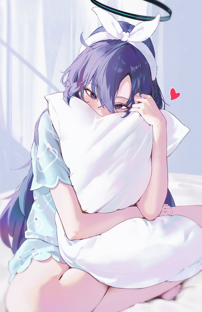 1girl animal_print aqua_pajamas black_halo blue_archive cat_print gjz1227 hairband halo heart heart-shaped_pupils highres mechanical_halo official_alternate_costume pajamas pink_pupils purple_eyes purple_hair sleepwear solo symbol-shaped_pupils white_hairband yuuka_(blue_archive) yuuka_(pajamas)_(blue_archive)