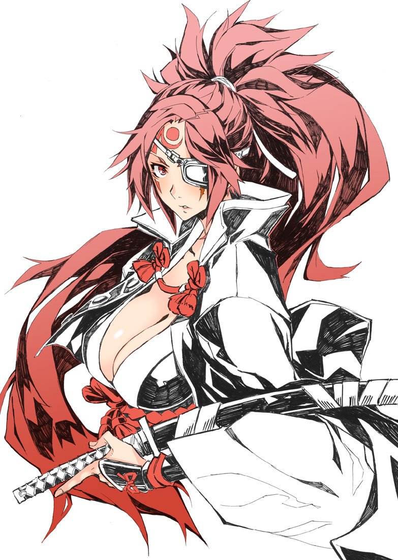 1girl baiken breasts cleavage expressionless eyepatch female_focus guilty_gear guilty_gear_xrd large_breasts long_hair looking_at_viewer nayutarou_(nyt_kag) parted_bangs pink_hair ponytail red_eyes scar solo sword upper_body very_long_hair weapon