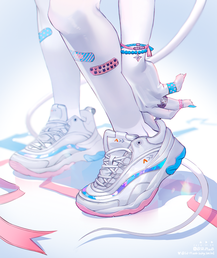 1girl adjusting_footwear bandaid bandaid_on_leg body_fur claws commentary furry furry_female leg_focus lower_body mouse_girl original sd_planb shoes sneakers solo standing symbol-only_commentary tail white_background white_fur