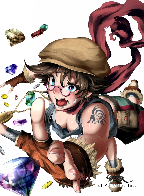 1girl arm_tattoo bag blue_eyes blush boots breasts brown_hair butt_crack chain character_request coin copyright_request diamond fang fingerless_gloves glasses gloves gold handbag hat jewelry medium_breasts nails open_mouth scared scarf shoes tattoo vest white_background yana_(nekoarashi)