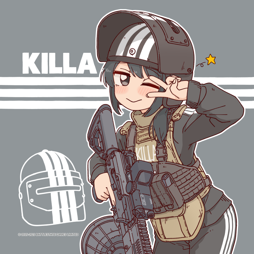 1girl altyn_helmet arm_up black_hat black_jacket black_pants blush bocchi-ya-nawi bulletproof_vest character_name closed_mouth combat_helmet copyright_notice drum_magazine escape_from_tarkov game_cg genderswap genderswap_(mtf) grey_background grey_eyes grey_hair gun hat helmet holding holding_gun holding_weapon jacket killa_(escape_from_tarkov) light_machine_gun load_bearing_vest long_sleeves looking_at_viewer machine_gun magazine_(weapon) medium_hair no_nose non-web_source official_art one_eye_closed outline pants pouch rpk-16 scope simple_background smile solo star_(symbol) striped_clothes striped_headwear track_jacket track_pants trigger_discipline v vertical-striped_clothes vertical-striped_headwear weapon white_outline