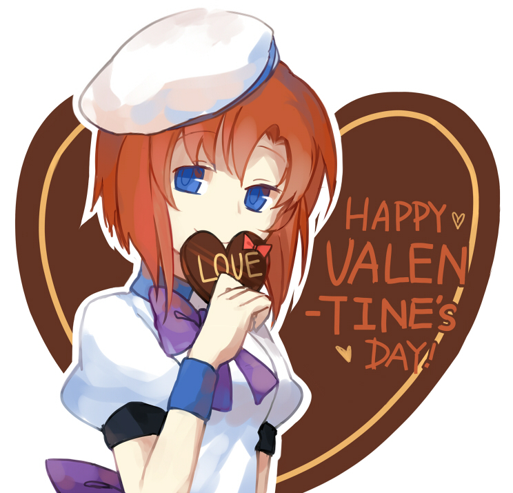 1girl blue_eyes breasts candy chocolate chocolate_heart closed_mouth commentary_request english_text food happy_valentine hat heart higurashi_no_naku_koro_ni hiragi_rin holding holding_chocolate holding_food holding_heart neck_ribbon orange_hair puffy_short_sleeves puffy_sleeves purple_ribbon ribbon ryuuguu_rena shirt short_hair short_sleeves small_breasts smile solo white_hat white_shirt