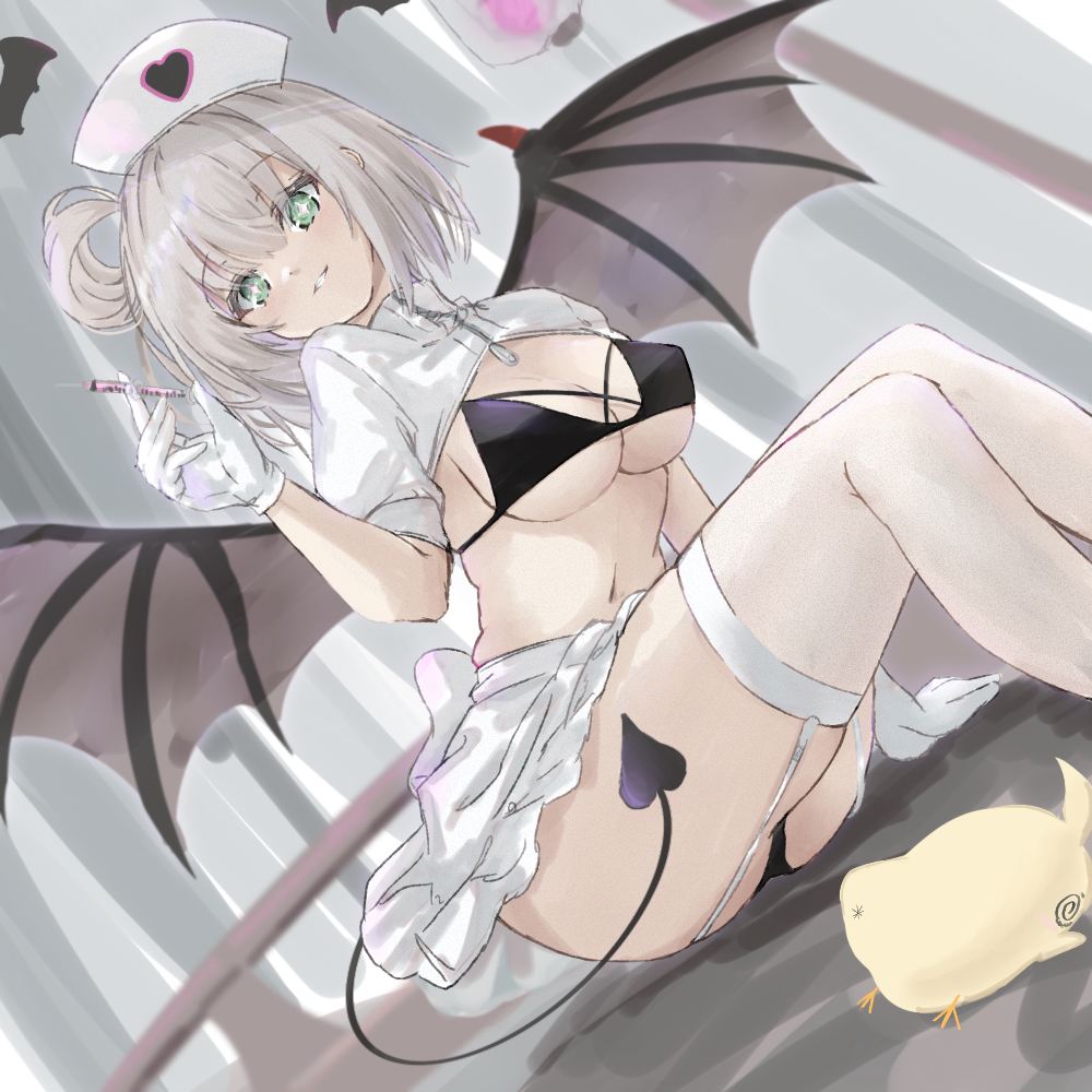 +_+ 1girl arm_support ass azur_lane bikini black_bikini blue_eyes breasts commentary crop_top demon_girl demon_tail demon_wings frilled_skirt frills from_side gloves green_eyes grin hair_between_eyes hat holding holding_syringe leaning_to_the_side light_smile manchester_(azur_lane) manchester_(midnight_devil_in_white)_(azur_lane) medium_breasts medium_hair midriff miniskirt mumei_shumi navel nurse nurse_cap parted_lips skirt smile solo swimsuit symbol-only_commentary syringe tail thighs underboob white_gloves white_hair white_skirt wings