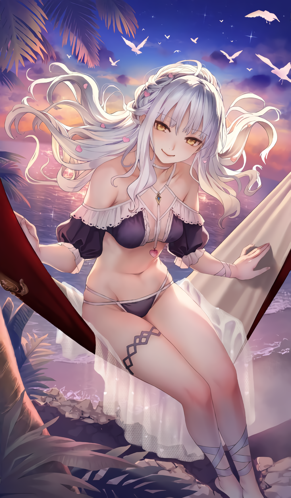 1girl bare_shoulders bikini blush breasts caren_hortensia caren_hortensia_(amor_caren) cleavage collarbone craft_essence_(fate) fate/grand_order fate_(series) groin highres long_hair looking_at_viewer michiking navel ocean official_art sitting sky smile solo stomach swimsuit thigh_strap thighs wavy_hair white_hair yellow_eyes