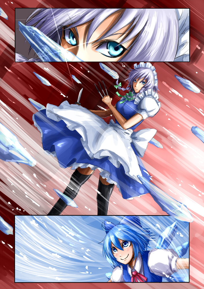 2girls battle blue_dress blue_eyes blue_hair bow braid cirno comic dress hair_bow ice izayoi_sakuya knife maid multiple_girls revision silent_comic silver_hair smile thighhighs touhou twin_braids ura_(05131) wings