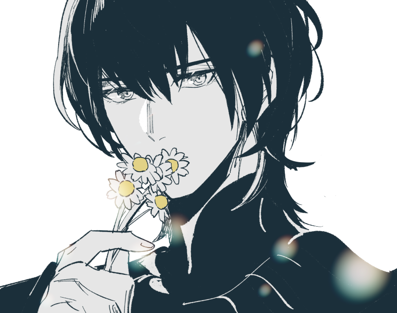 1boy 33_gmk arm_up armor black_armor byleth_(fire_emblem) byleth_(male)_(fire_emblem) chamomile commentary covered_mouth fire_emblem fire_emblem:_three_houses flower gorget hair_behind_ear hair_between_eyes holding holding_flower limited_palette looking_at_viewer male_focus nintendo portrait simple_background solo white_background white_flower