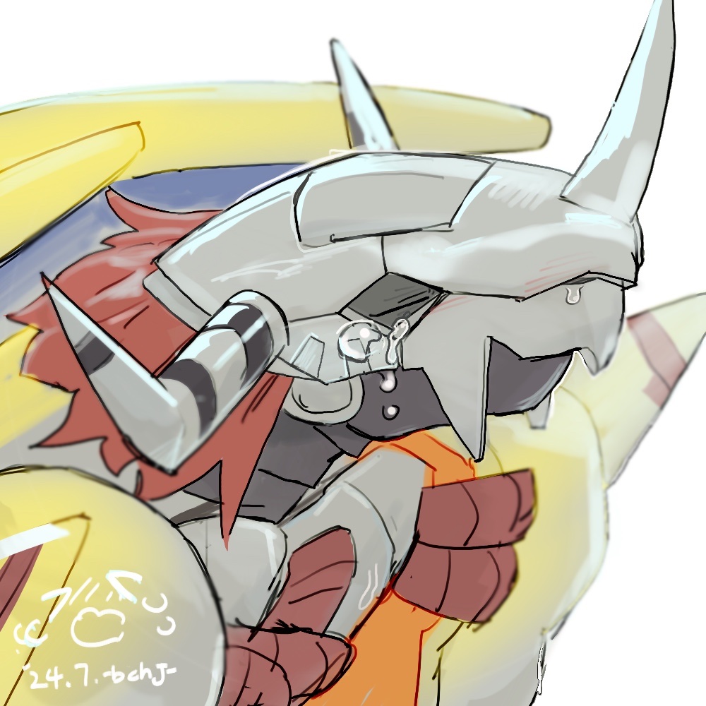 1boy armor close-up closed_eyes colored_skin digimon digimon_(creature) digimon_day dragon glacier_up_sun helmet horns orange_skin red_hair short_hair shoulder_armor shoulder_spikes simple_background solo spikes tears wargreymon white_background yellow_armor