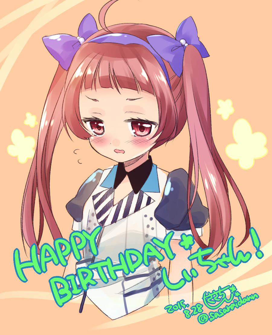 1girl ahoge blunt_bangs bow female_focus hair_bow hair_ornament hairband happy_birthday harumi_shinju jitome long_hair looking_at_viewer open_mouth red_eyes red_hair sasachin_(k+w) solo tokyo_7th_sisters twintails twitter_username