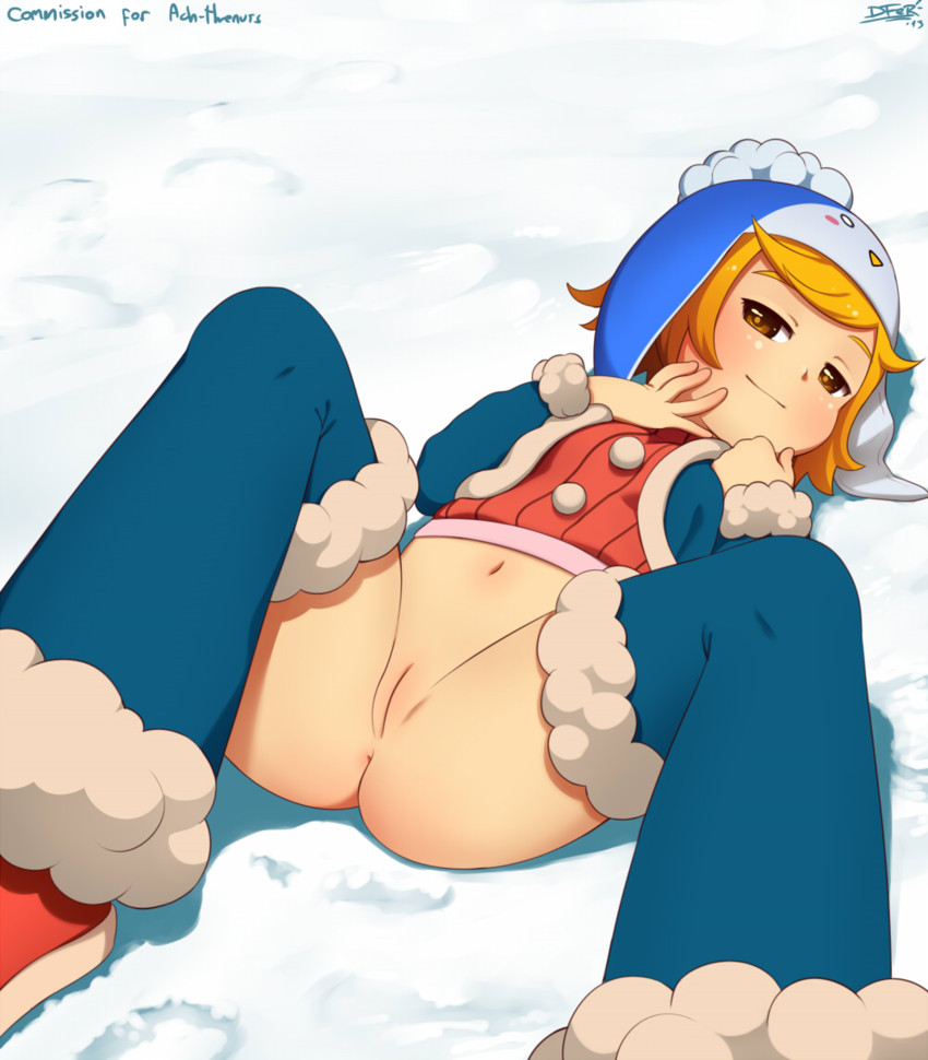 1girl animal_hat anus ass back black_jacket black_thighhighs blue_hat blush bottomless breasts brown_eyes buttons cleft_of_venus clothes coat dated food fruit fur-trimmed_jacket fur-trimmed_shoes fur-trimmed_thighhighs fur_trim hand_on_own_cheek hand_on_own_face hat idfer jacket leg_warmers legs long_sleeves looking_at_viewer lying naughty_face navel open_clothes open_jacket orange_hair outdoors penguin_hat pom_pom_(clothes) presenting public_indecency pussy red_footwear red_shirt shirt shoes short_hair signature smile snow spread_legs sweater thighhighs turtleneck uncensored winter