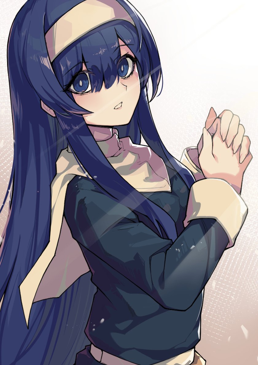 1girl blue_eyes blue_hair bright_pupils hair_between_eyes hairband long_hair looking_at_viewer nun orie_ballardiae_harada own_hands_together parted_lips solo tierra_misu under_night_in-birth white_hairband white_pupils