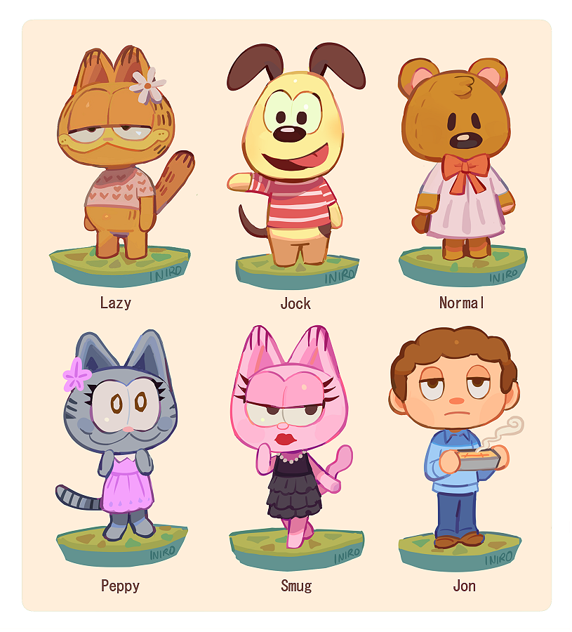 1girl 5boys animal_crossing animal_ears arlene_(garfield) bear_boy bear_ears bear_tail cat_boy cat_ears cat_girl cat_tail commentary crossdressing dog_boy dog_ears dog_tail dress english_commentary english_text flower full_body furry furry_female furry_male garfield garfield_(character) half-closed_eyes iniro jon_arbuckle lasagne multiple_boys nermal nintendo odie_(garfield) parody personification pooky_(garfield) sentient_stuffed_toy shirt standing stuffed_animal stuffed_toy style_parody tail teddy_bear tongue tongue_out trap