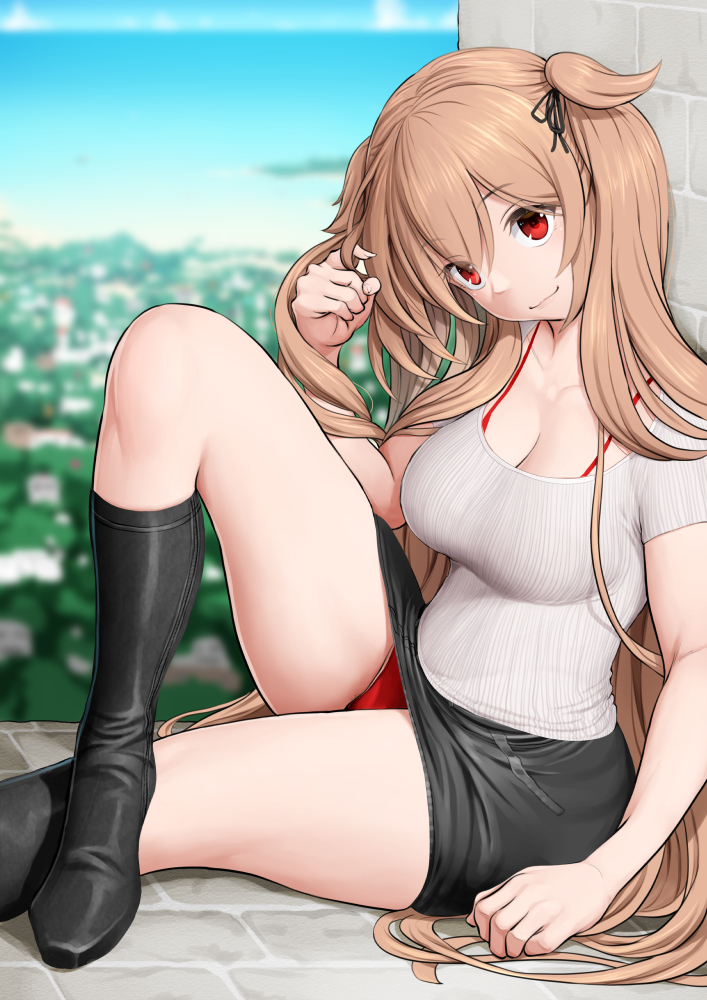 1girl black_footwear blue_sky bra breasts cleavage cloud commentary_request commission day kantai_collection kasu_(kasunohikari) light_brown_hair medium_breasts murasame_(kancolle) murasame_kai_ni_(kancolle) outdoors red_bra red_eyes red_shorts shirt shorts shorts_under_skirt skeb_commission sky solo two_side_up underwear white_shirt