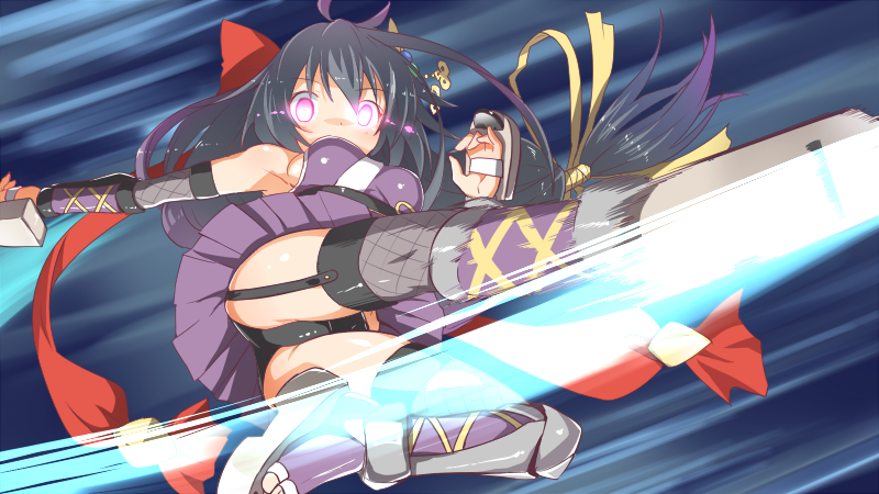 1girl black_hair bow female_focus garter_straps glowing glowing_eyes hair_bow long_hair ninja ole_tower planer_(ole_tower) purple_eyes purple_hair scarf solo speed_lines yuto_(dialique)