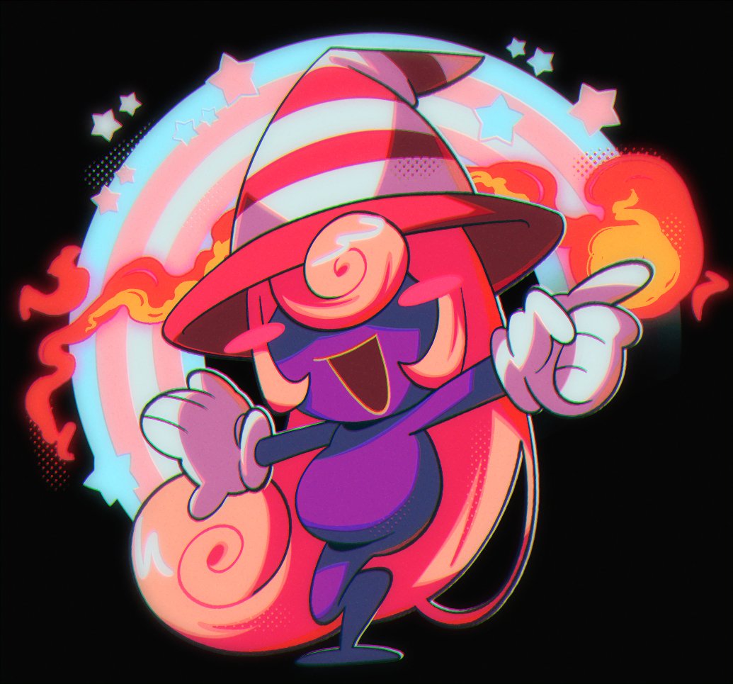 1girl black_background blush_stickers colored_skin commentary fire ghost ghost_tail gloves hair_over_eyes hat long_hair mario_(series) monster_girl nintendo open_mouth paper_mario paper_mario:_the_thousand_year_door petzcatz2 pink_hair pointing purple_skin simple_background smile solo star_(symbol) striped_hat symbol-only_commentary transgender_flag very_long_hair vivian_(paper_mario) white_gloves witch_hat