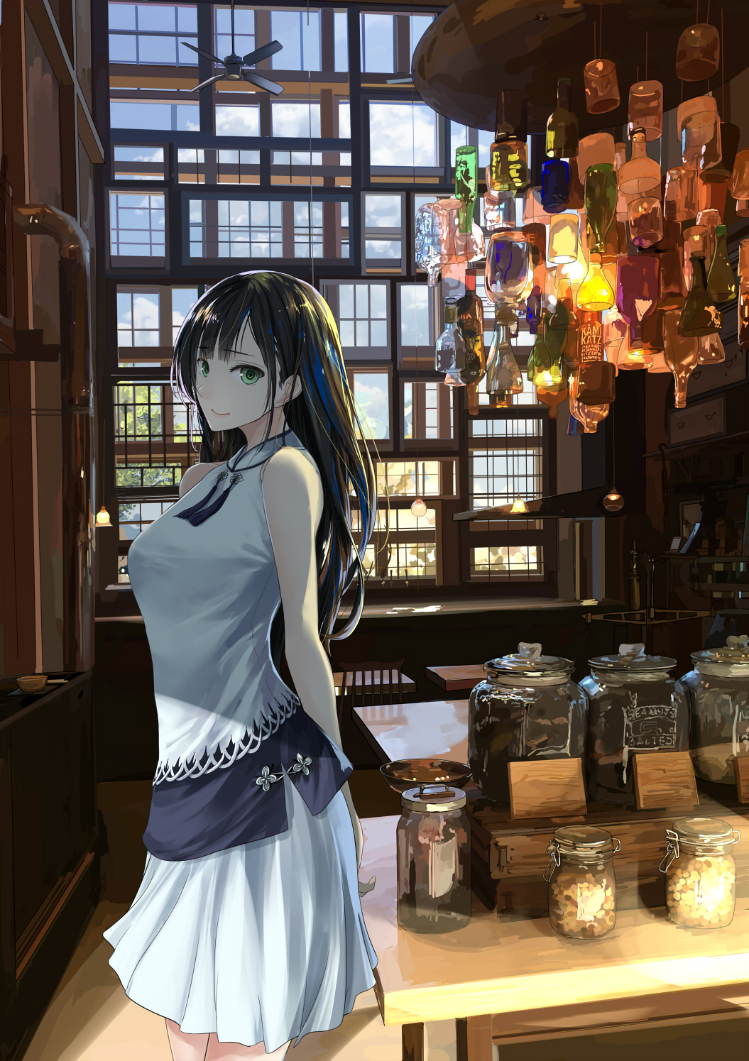 1girl arms_behind_back black_hair blouse bottle ceiling_fan chair chef_no_kimagure_salad dress female_focus green_eyes highres indoors industrial_pipe jar light_bulb light_smile long_hair looking_at_viewer mikipuruun_no_naegi original scenery shade shirt skirt sleeveless solo standing table tassel white_shirt white_skirt window