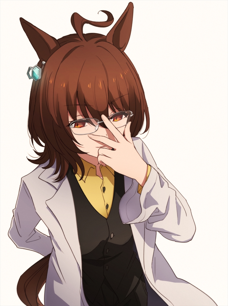 1girl agnes_tachyon_(umamusume) ahoge bespectacled brown_eyes brown_hair chemical_structure earrings empty_eyes glasses hair_between_eyes highres horse_girl horse_tail jewelry kaho_(ramb) lab_coat messy_hair short_hair simple_background single_earring solo tail umamusume umayuru white_background