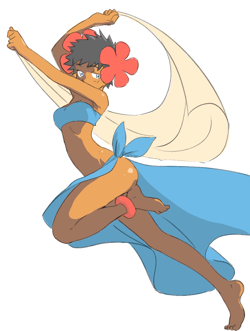 1girl anklet arms_up ass bandeau barefoot blue_bandeau blue_eyes blue_sarong commentary_request creatures_(company) dark-skinned_female dark_skin flower from_side full_body game_freak hair_flower hair_ornament holding holding_towel jewelry leg_up looking_at_viewer looking_to_the_side nintendo no_panties phoebe_(pokemon) pokemon pokemon_rse sarong short_hair simple_background solo spiked_hair toes towel u4_99384295 white_background