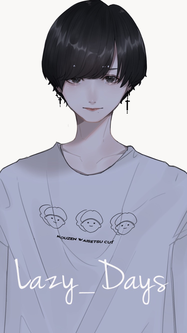 1boy bad_id bad_pixiv_id black_eyes black_hair bowl_cut close-up cross cross_earrings earrings english_text highres jewelry male_focus mano_aaa original piercing solo