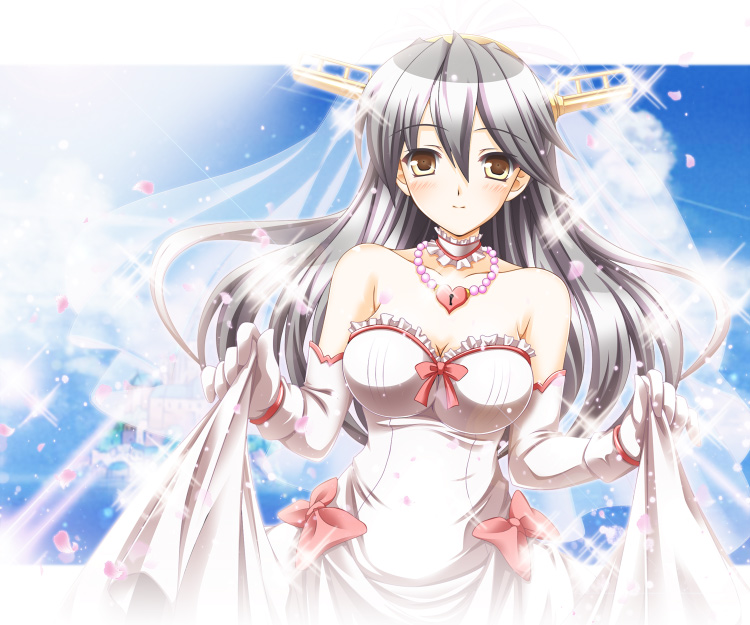 10s 1girl alternate_costume bare_shoulders black_hair breasts brown_eyes cleavage clothes_lift collar collarbone dress elbow_gloves female_focus frilled_collar frills gloves hair_ornament hairband haruna_(kancolle) heart heart-shaped_lock heart_necklace jewelry kantai_collection keyhole large_breasts long_hair looking_at_viewer nanatsuki_(arca-nize) necklace petals skirt skirt_hold skirt_lift sky smile solo sparkle veil wedding_dress white_gloves