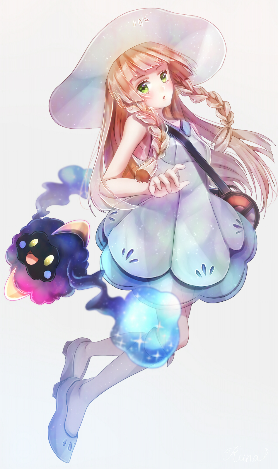 1girl bag blonde_hair blunt_bangs braid collared_dress cosmog creatures_(company) dress duffel_bag full_body game_freak gen_7_pokemon green_eyes hat highres legendary_pokemon lillie_(pokemon) long_hair nintendo poke_ball_theme pokemon pokemon_(creature) pokemon_sm sleeveless sleeveless_dress sun_hat toki_runa twin_braids white_dress white_hat