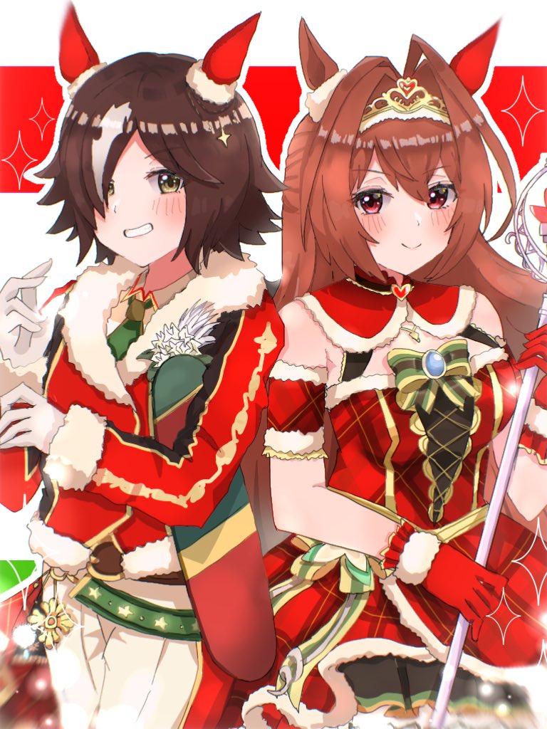 2girls ahoge animal_ears blush breasts brown_hair commentary daiwa_scarlet_(scarlet_nuit_etoile)_(umamusume) daiwa_scarlet_(umamusume) dress ear_covers fur-trimmed_gloves fur-trimmed_jacket fur-trimmed_sleeves fur_trim gloves hair_down hair_intakes hair_over_one_eye horse_ears horse_girl jacket large_breasts long_hair looking_at_viewer mare_ma multicolored_hair multiple_girls official_alternate_costume official_alternate_hairstyle pants red_dress red_eyes red_gloves red_jacket single_ear_cover sleeveless sleeveless_dress smile streaked_hair tiara two-tone_hair umamusume very_long_hair vodka_(nonfreezing_aqua_vitae)_(umamusume) vodka_(umamusume) white_hair white_pants yellow_eyes