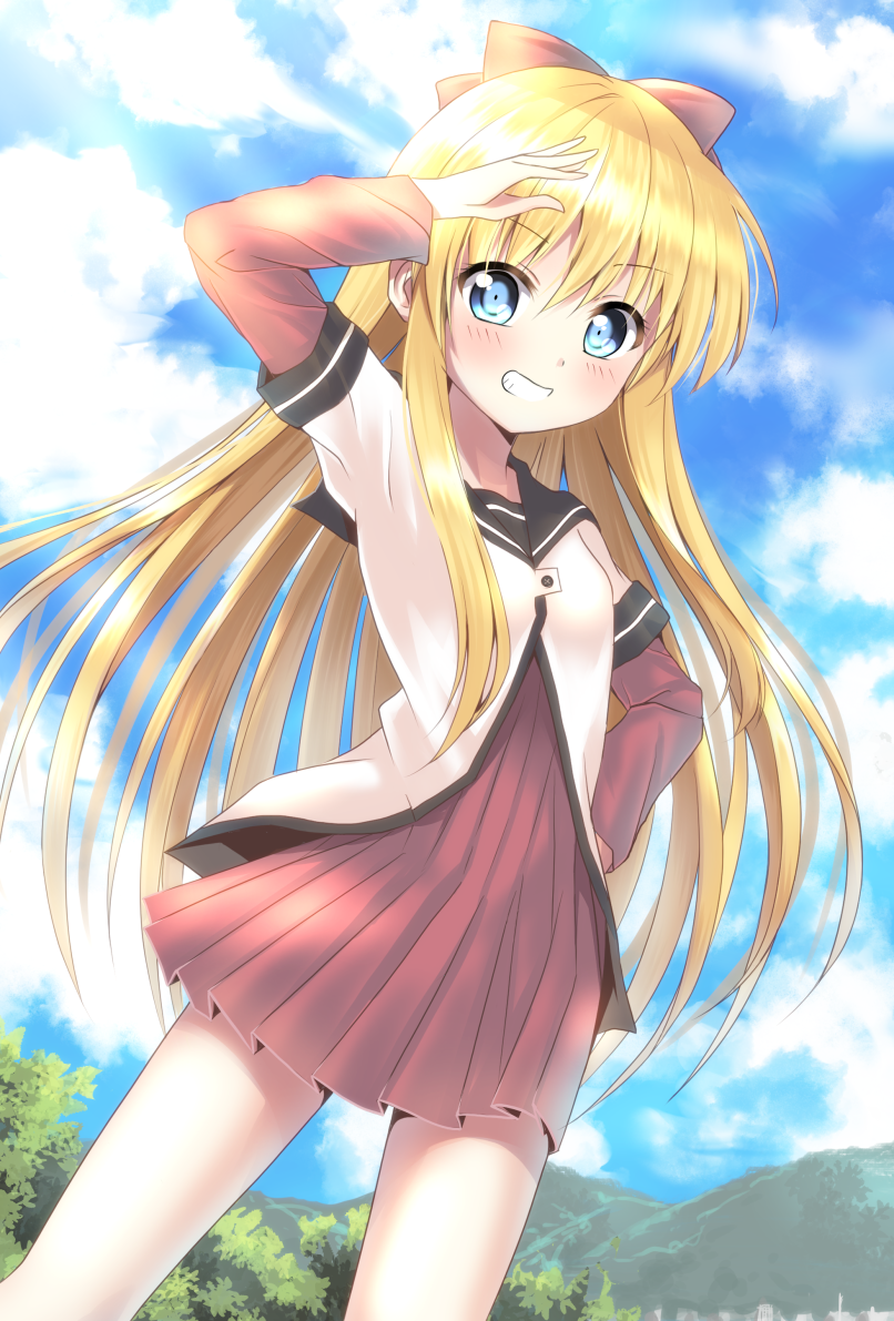 1girl blonde_hair blue_eyes bow day grin hair_bow hand_on_own_hip long_hair looking_at_viewer mountain nanamori_school_uniform outdoors school_uniform smile solo teeth toshinou_kyouko tree usagi_koushaku yuru_yuri