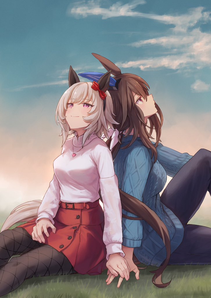 2girls admire_vega_(umamusume) animal_ears belt black_pantyhose blue_pants blue_sweater bow breasts brown_hair comiket_103 curren_chan_(umamusume) ear_ornament grey_hair hair_between_eyes hair_bow heart heart_necklace horse_ears horse_girl horse_tail jewelry long_hair long_sleeves looking_up low_ponytail multiple_girls necklace official_alternate_costume pants pantyhose red_skirt shirt shirt_tucked_in short_hair skirt star_(symbol) star_necklace starheart sweater tail turtleneck umamusume white_shirt