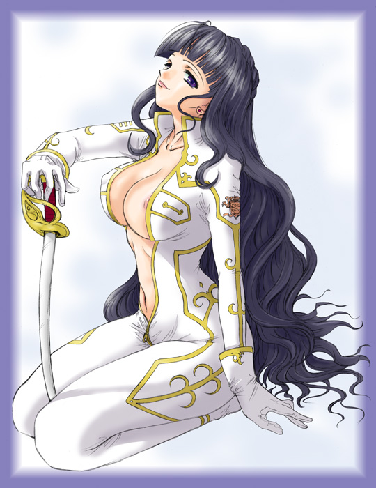 00s 1girl black_hair breasts center_opening cleavage code_geass female_focus large_breasts long_hair marianne marianne_vi_britannia mature_female nipple_slip nipples open_clothes purple_eyes sagami_ichisuke solo sword unzipped very_long_hair weapon