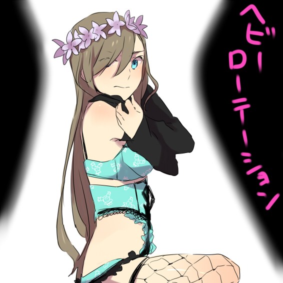 00s bad_id bad_pixiv_id blue_eyes bra brown_hair fishnet_thighhighs fishnets garter_belt hair_over_one_eye lingerie maruishi solo tales_of_(series) tales_of_the_abyss tear_grants thighhighs underwear undressing