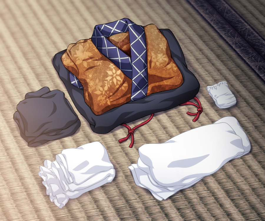 commentary_request detached_sleeves folded_clothes japanese_clothes kimono leg_warmers mizuhashi_parsee no_humans ootsuki_wataru still_life tatami touhou white_sleeves