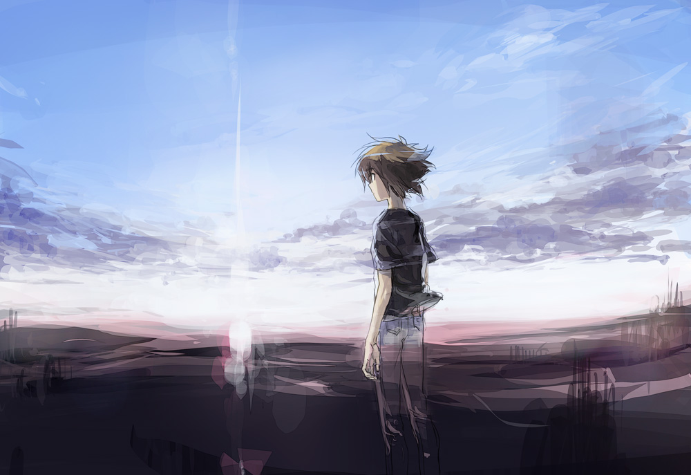 1boy black_shirt blue_sky branch brown_eyes brown_hair bush cloud cloudy_sky dappled_sunlight denim evening facing_to_the_side jeans light_rays looking_to_the_side moribuden mountain mountainous_horizon outdoors pants shirt sky sunlight tree wind yu-gi-oh! yu-gi-oh!_gx yuki_judai