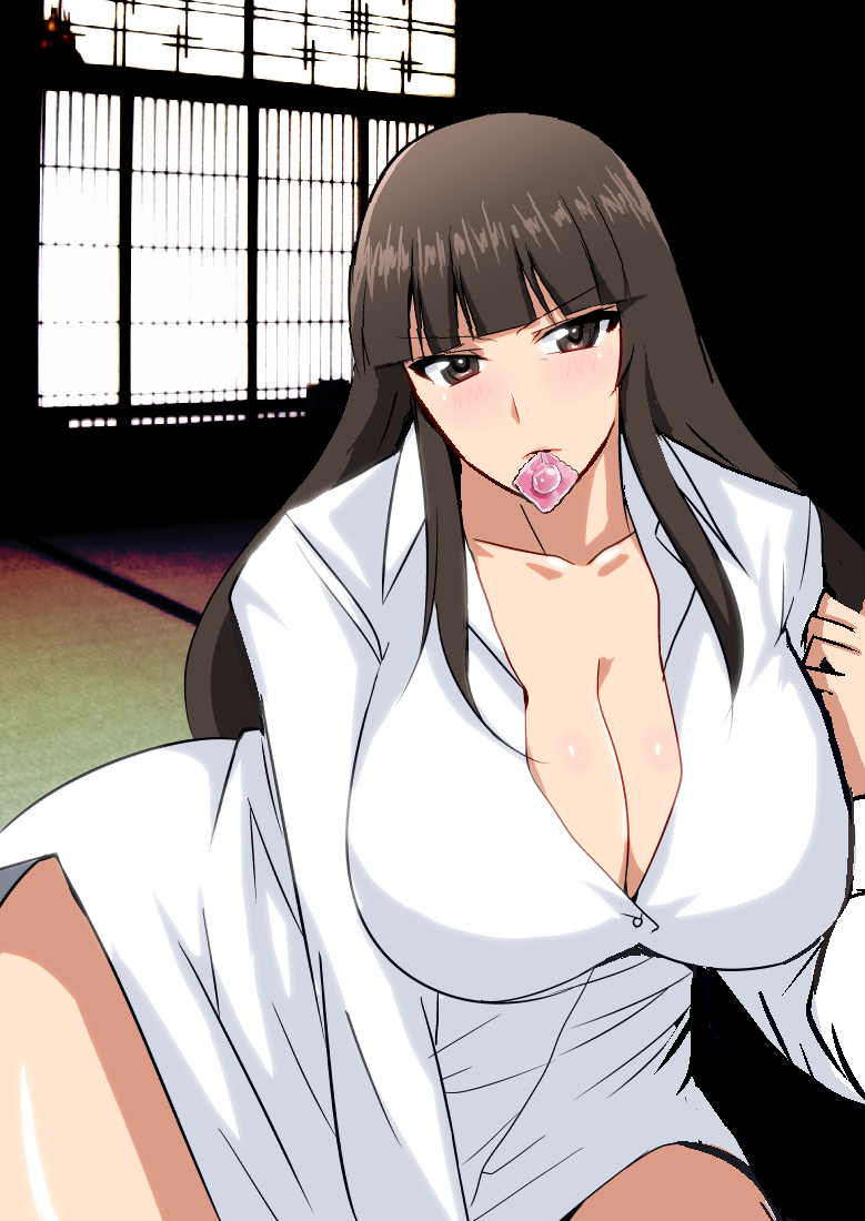 1girl breasts brown_eyes brown_hair cleavage condom condom_in_mouth condom_wrapper girls_und_panzer hifumi_hajime large_breasts long_hair looking_at_viewer mature_female mouth_hold nishizumi_shiho shirt solo white_shirt