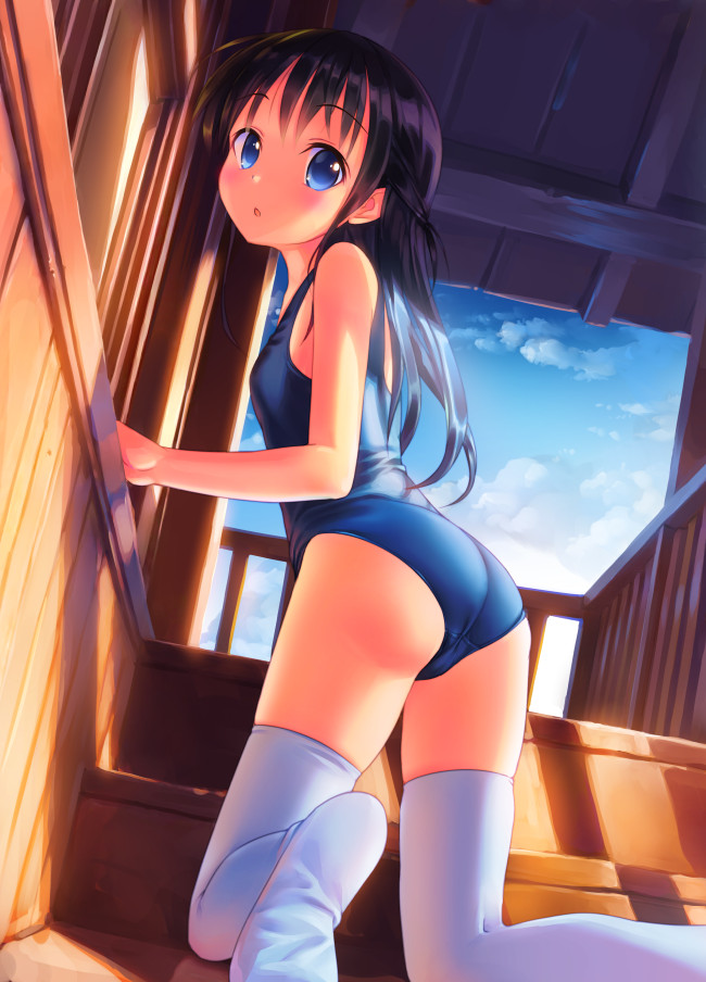 1girl :o ass bad_id bad_nicoseiga_id bare_arms bare_shoulders blue_sky blue_one-piece_swimsuit blush breasts building casual_one-piece_swimsuit child cloud day eyebrows from_behind house kneeling long_hair no_shoes one-piece_swimsuit open_mouth original outdoors railing school_swimsuit shadow sky small_breasts soles solo stairs summer sunlight swimsuit takoyaki_(roast) tareme thighhighs white_thighhighs window windowsill