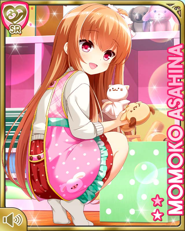 1girl :d apron asahina_momoko bow brown_hair card_(medium) character_name dress girlfriend_(kari) hair_bow hair_ribbon indoors kindergarten official_art one_side_up open_mouth pink_apron pink_bow polka_dot polka_dot_apron qp:flapper red_dress red_eyes ribbon shirt side_ponytail sitting smile solo white_shirt