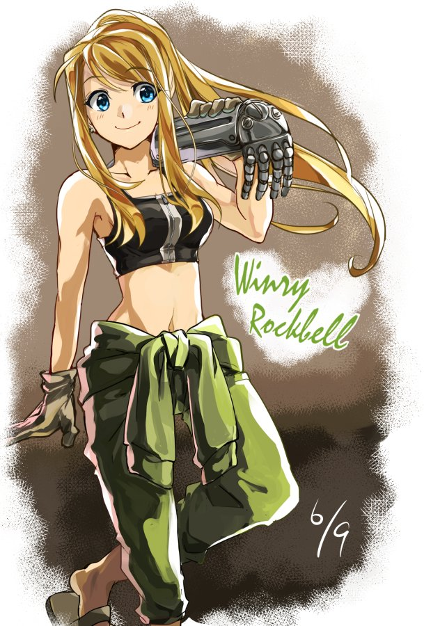 1girl arm_at_side arm_support automail bad_id bad_pixiv_id bare_arms bare_shoulders blonde_hair blue_eyes blush breasts carrying_over_shoulder character_name closed_mouth clothes_around_waist collarbone crop_top dated feet_out_of_frame floating_hair fullmetal_alchemist gloves gradient_background green_pants grey_background grey_gloves happy high_ponytail leaning long_hair looking_to_the_side medium_breasts midriff navel pants ponytail riarashu sandals shaded_face sidelocks simple_background smile solo standing standing_on_one_leg white_background winry_rockbell zipper