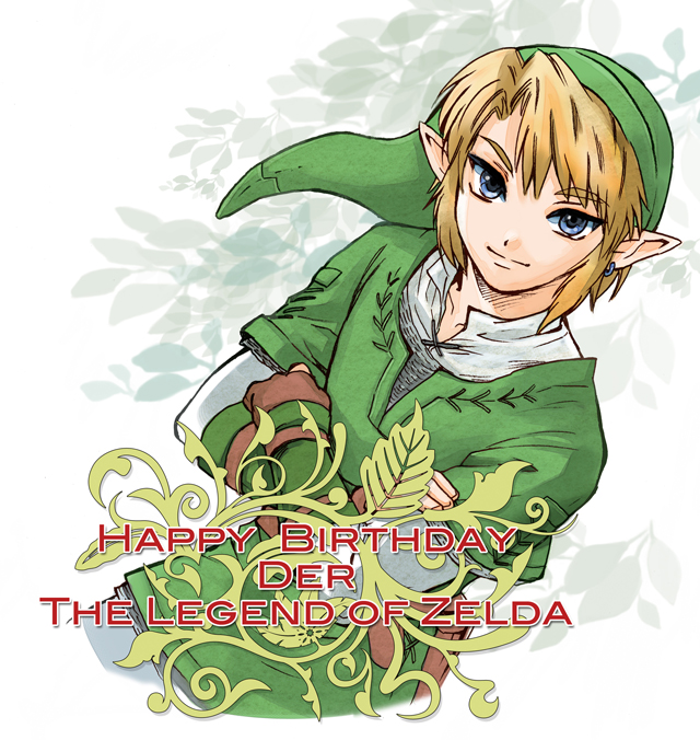 1boy blonde_hair blue_eyes copyright_name crossed_arms earrings gloves happy_birthday hat jewelry kitsune_yume link male_focus nintendo pointy_ears sagawa_yumeko smile solo the_legend_of_zelda the_legend_of_zelda:_twilight_princess